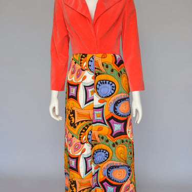 vintage 1960s 70s psychedelic print quilted maxi dress S/M 