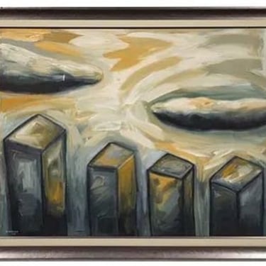 Large Abstract Cityscape Original l Acrylic on Canvas signed and dated 1985 48.5 x 61" STORE PICK UP ONLY