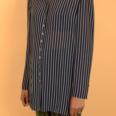 Vintage Navy Blue Sheer Striped Button Down Long Sleeve Shirt Blouse / Medium Large 
