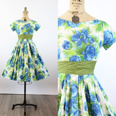 1950s BLUE ROSE cotton print full skirt dress xs | new summer 