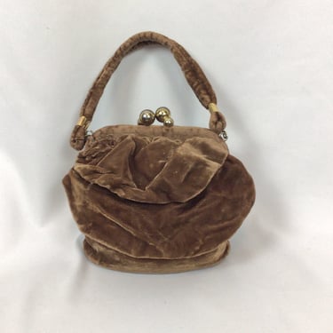 Vintage 40s Purse | Vintage chocolate brown velvet  bag | 1940s flat bottom pouch top handle handbag 