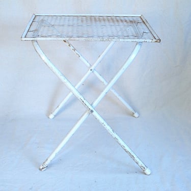 Vintage White Metal Garden Tables Mid Century Modern Fold Up Mesh Patio Table White Outdoor Metal Square Table Folding Table Shabby Garden 