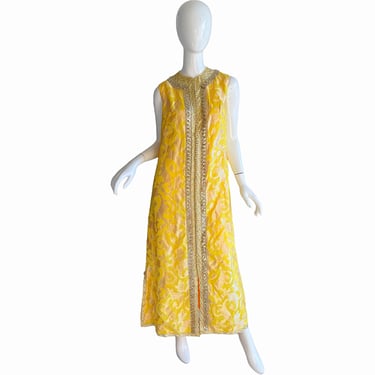60s Metallic Gold Sequin Gown / Vintage Moroccan Brocade Caftan / 1960s Evening Gown Medium 