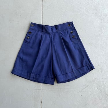 1940s side button shorts . 40s navy blue shorts . size small 