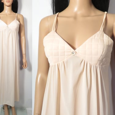 Vintage 70s Peach Nightgown Maxi Slip Dress With Quilted Bust Made In USA Size S/M 