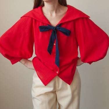 6671t / ysl red cotton sailor collar blouse / s / m 