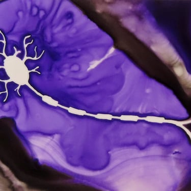 Purple and Black Motor Neuron  - original ink painting of brain cell - neuroscience art 
