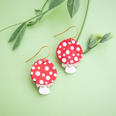 Toadstool Mushroom Earrings - Hand Painted Amanita Muscaria on Reclaimed Leather 