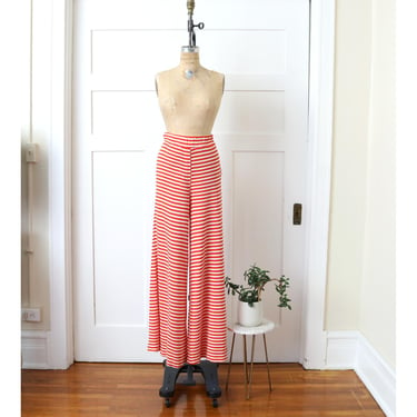 vintage 1970s bell bottoms • red & white striped high waist big flare pants 