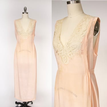1920s Silk Nightgown Slip Lace Lounge Dress M 