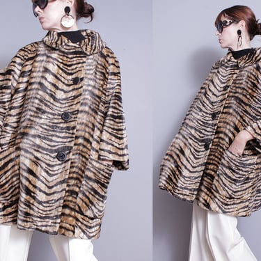 Vintage | 1960's | Tiger Print | Faux Fur | Mod | Swing | Coat | L 