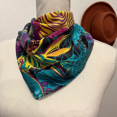 Vintage 90s Ann May Silk Fish Tropical Abstract Square Neck Tie Bandana 