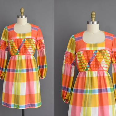 vintage 60s dress | Miss Continental Vibrant Plaid Print Summer Cotton Dress | Large 