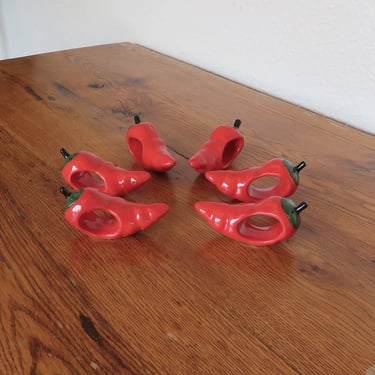 Vintage Ceramic Red Chili Pepper Napkin Rings Set of 6 