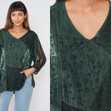 Indian Embroidered Blouse 90s Green Floral Top Sheer Open Weave Knit Sleeve Bohemian Hippie Shirt Flowy Grunge Vintage 1990s Extra Large xl 