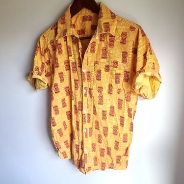 Vintage 1970's Carribean South Pacific Graphic Button Down Shirt / Easter Island / Men's S 