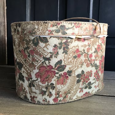 Antique French Hat Box, Hand Blocked Floral Wallpaper, Hand Laced, Period Prop, Period Clothing 