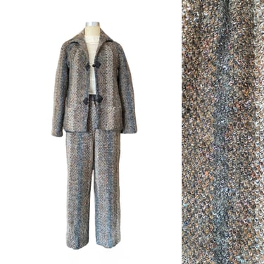 1980s 2 piece, striped mohair, jacket and pants, ombre rust and gray, winter suit, minimalist, wool boucle, med 