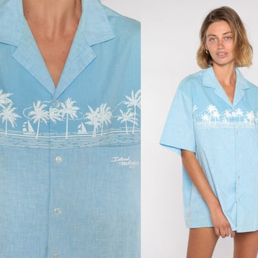 Blue Hawaiian Shirt 80s Palm Tree Sailboat Blouse ISLAND FEELING Hawaii Tropical Print Top Button Up 1980s Beach Retro Tourist Mens Large L 