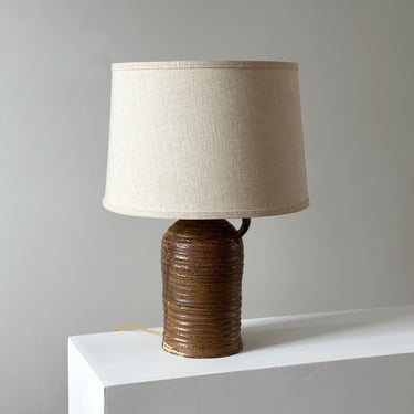 1940s – Vintage Stoneware Jug Table Lamp Ribbed Brown Glaze Pottery Base Rewired 