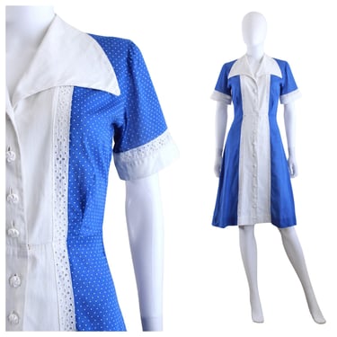 1950s Cobalt Blue & White Polka Dot Day Dress - 1950s Bright Blue Dress - 1950s Cotton Blue Dress - 1950s Waitress Dress | Size Small 