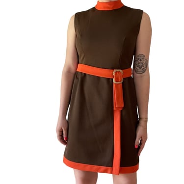 Vintage 1960s Womens Mid Mod Retro Brown Orange Trim Mini Sleeveless Dress Sz M 