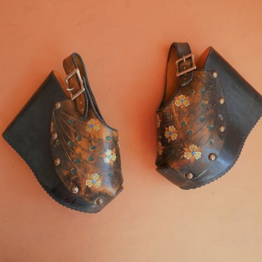Vintage 70s Tooled Leather Platform Sandals/ 1970s Sky High Wooden Heel Sling Back Shoes/ Size 6/ 6.5 