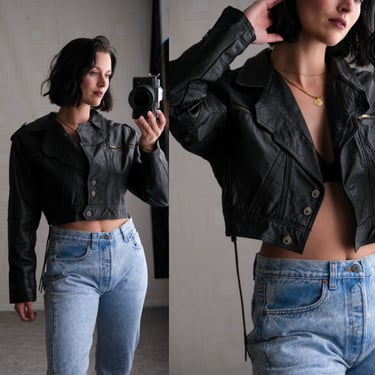 Vintage 80s FRANSA Cropped Black Leather Motorcycle Jacket w/ Asymmetrical Lapel | 100% Leather | Grunge, Punk, Chic | 1980s Moto Jacket 
