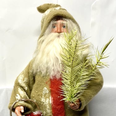 Vintage Traditional style German Belsnickel? Bethany L.Santa Claus in a olive felt coat~ Hand-painted resin, fabric, and bottle brush tree~ 