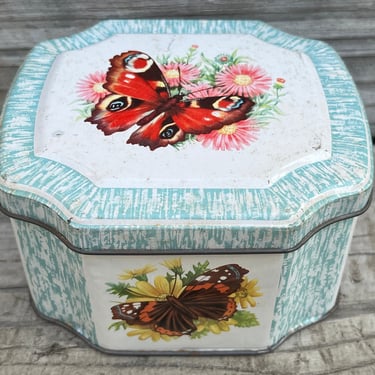 vintage butterfly tea tin blue butterflies storage container 