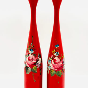 A Pair of Red Hand Painted Floral Mid Century Modern Circa 1960s Tulip Wood Danish Denmark Candlestick Holders by LeChalet