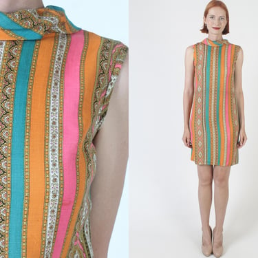 60s Neon Psychedelic Print Dress / Mod Striped Party Sundress / Trippy Cocktail Party Shift Tank 