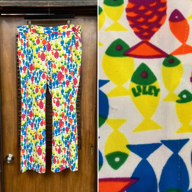 Vintage 1970’s w39 “Lilly Pulitzer Men’s Stuff” Atomic Mod Fish Design Tiki Poly Disco Pants Trousers, 70’s Vintage Clothing 