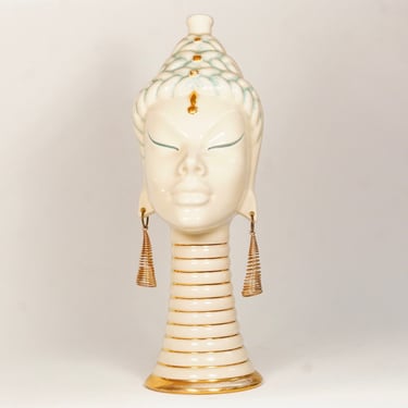 Vintage Italian Mid-Century Modern Stylized Women's Bust Ceramic Bottle, Kayan Tribal Neck Coils, Cleopatra, Decorative Bottle, 11 1/2” H 
