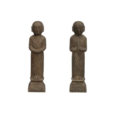 40" Pair Gray Stone Standing Anjali Blessing Lohon Monk Arhat Statues ws3638E 