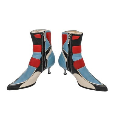 rare y2k red & blue club kid moto pointed boots size 37 boots womens kitten heel leather boots vintage 90s color block heeled ankle boots 