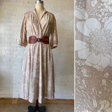 Vintage 1980s wrap dress, beige polyester floral, full skirt, balloon sleeves, medium 29, 1970s willi of California, blouson 