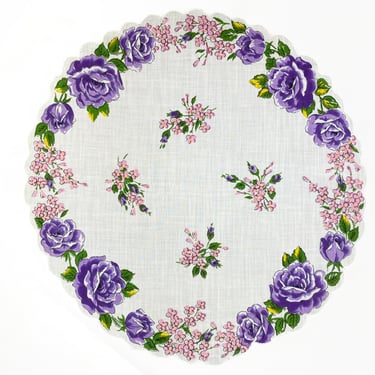 Round floral vintage handkerchief with purple roses and pink flowers. Pretty spring hanky with scalloped edge. Easter keepsake gift 