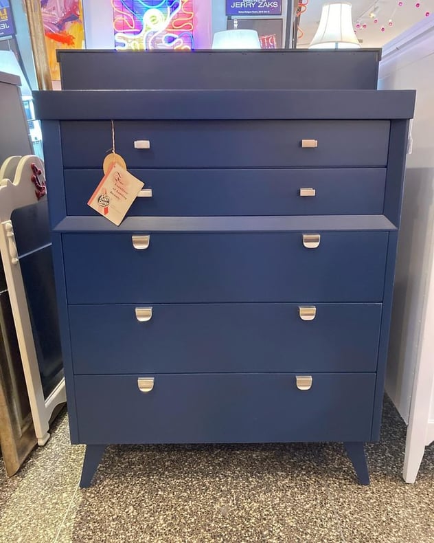 Kent Coffey blue painted chest of drawers 36” x 19” x 45” Call 202-232-8171 to purchase