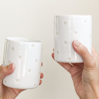 Confetti Ceramic Cup - Tumbler/Water Glass/Mug - Polka Dot White Glaze - Handmade Modern Pottery/Clay - Cute Drinkware - Short Cylinder Vase 