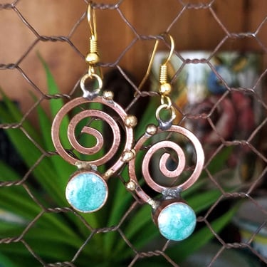 Copper Spiral Earrings~Mixed Metal Statement earrings~Copper/Brass Spirals, Turquoise Resin Dangle Earrings 