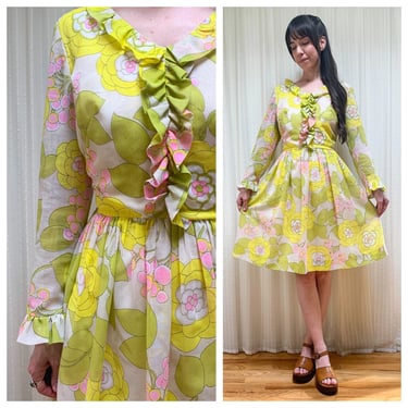 Late 60s bright floral cotton ruffle dress 