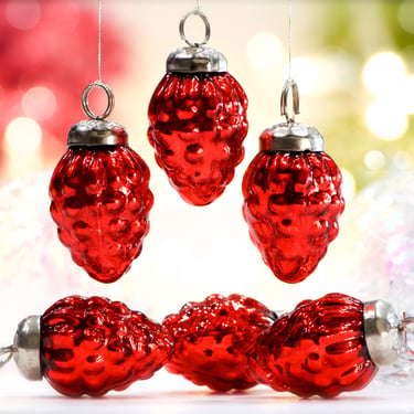 VINTAGE: 5pc - Small Thick Mercury Glass Red Pinecone Ornaments - Mid Weight Kugel Style Ornaments - Unique Find - SKU 34-os no 