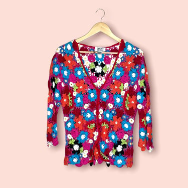 Vintage 90's Hippy Flower Power Doily Open Knit Colorful Crochet Flower Cardigan Sweater, Size M 