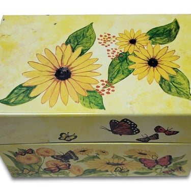 1970s Vintage Butterflies & Flowers Tin Recipe Box, Syndicate MFG, Butterfly + Sunflower Index Card File Box, Receipt Holder, Organization 