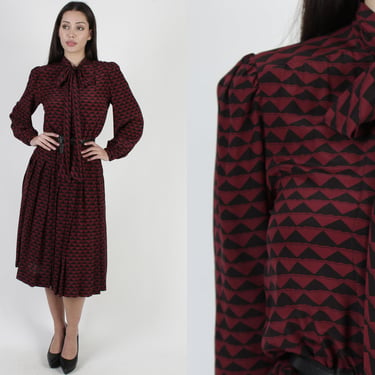 Designer Albert Nipon Dress, 80s Pyramid Print Silk Bow Tie Mini, Vintage Burgundy Black Wear To Work Outfit 
