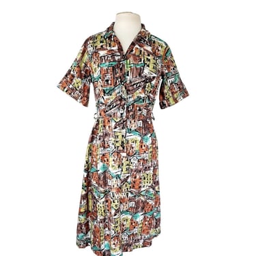 Vintage 50s Novelty Print Dress Button Down Front Short Sleeves / M 