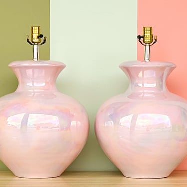 Pair of Large Irideescent Pink Globe Lamps