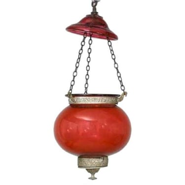 1850's Antique English Cranberry Glass Globe Hanging Hall Lantern Light Fixture 