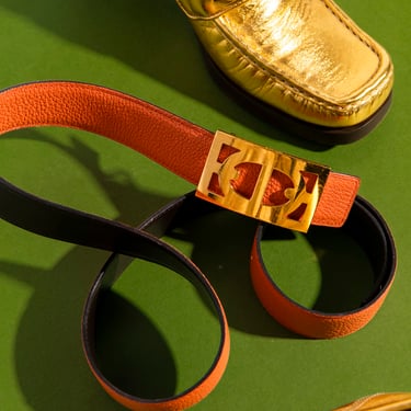 HERMES Orange/Black Gold Buckle Belt (Sz. 90)